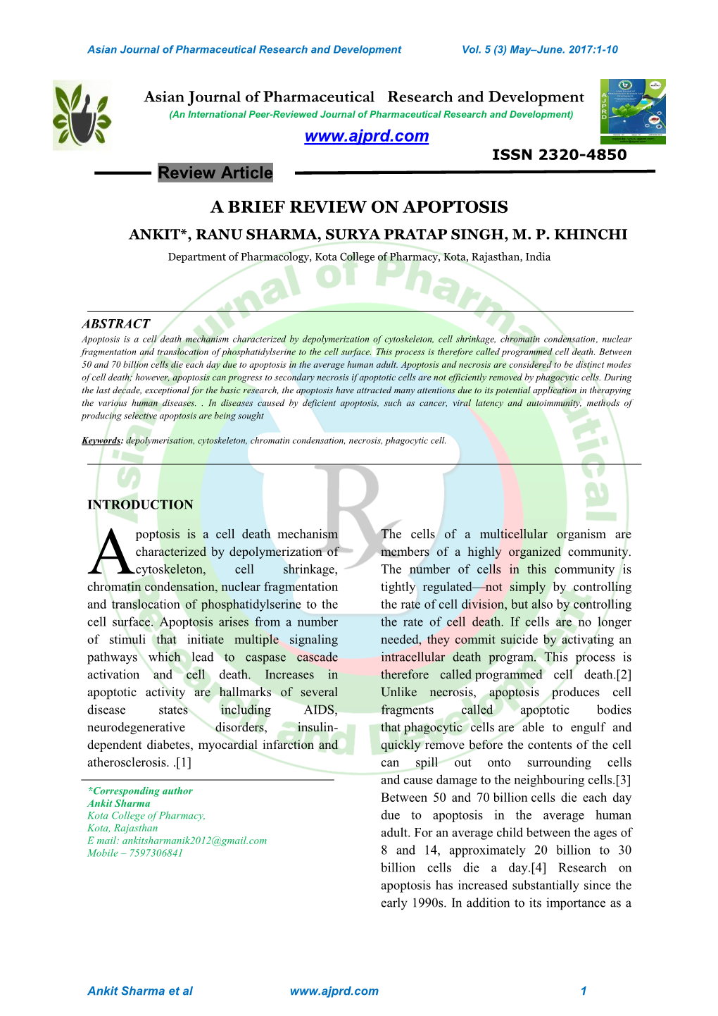 Asian Journal of Pharmaceutical Research and Development Review Article a BRIEF REVIEW on APOPTOSIS