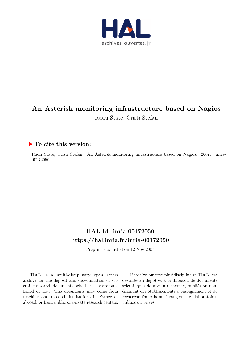 An Asterisk Monitoring Infrastructure Based on Nagios Radu State, Cristi Stefan