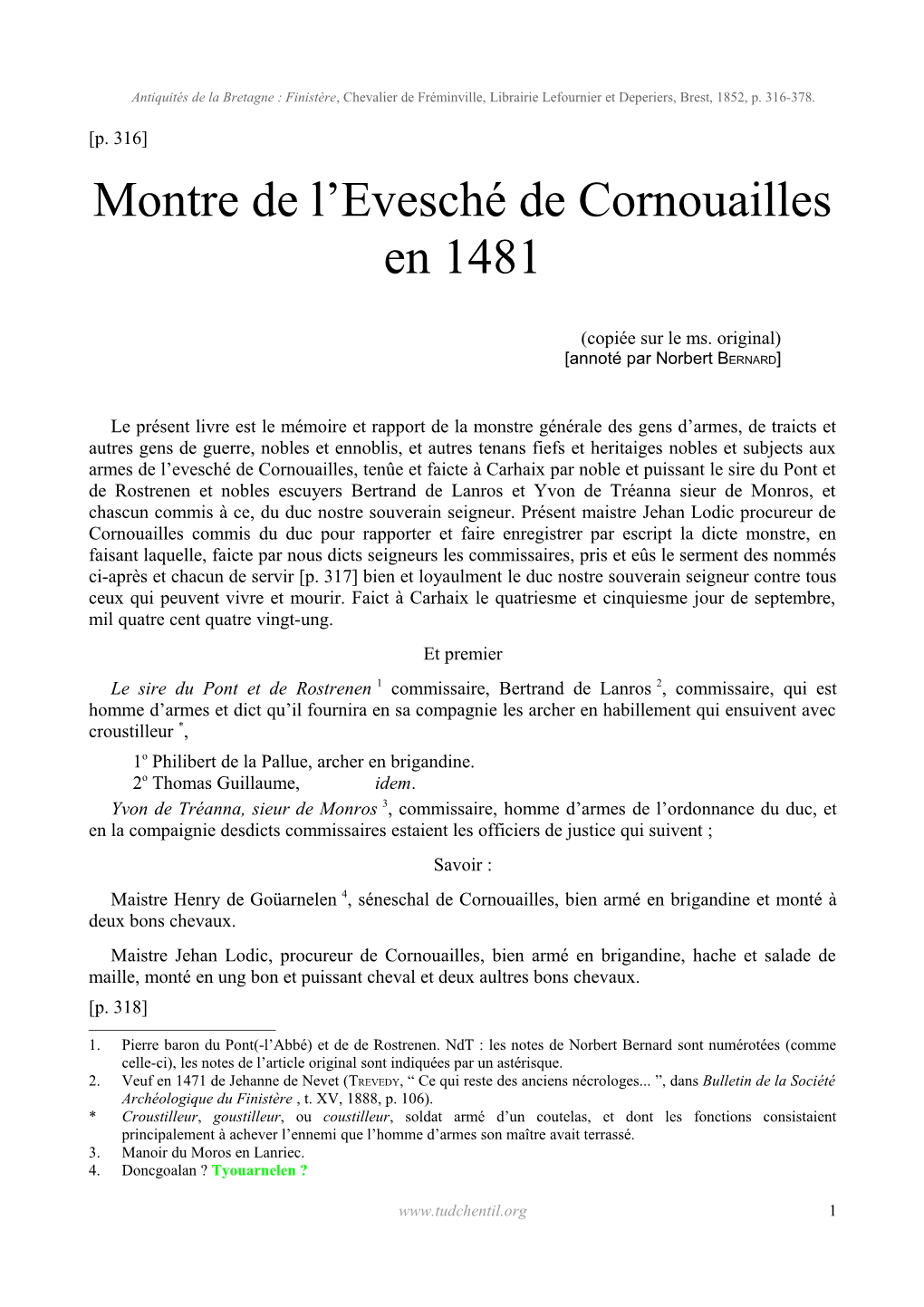 Montre De L'evesché De Cornouailles En 1481