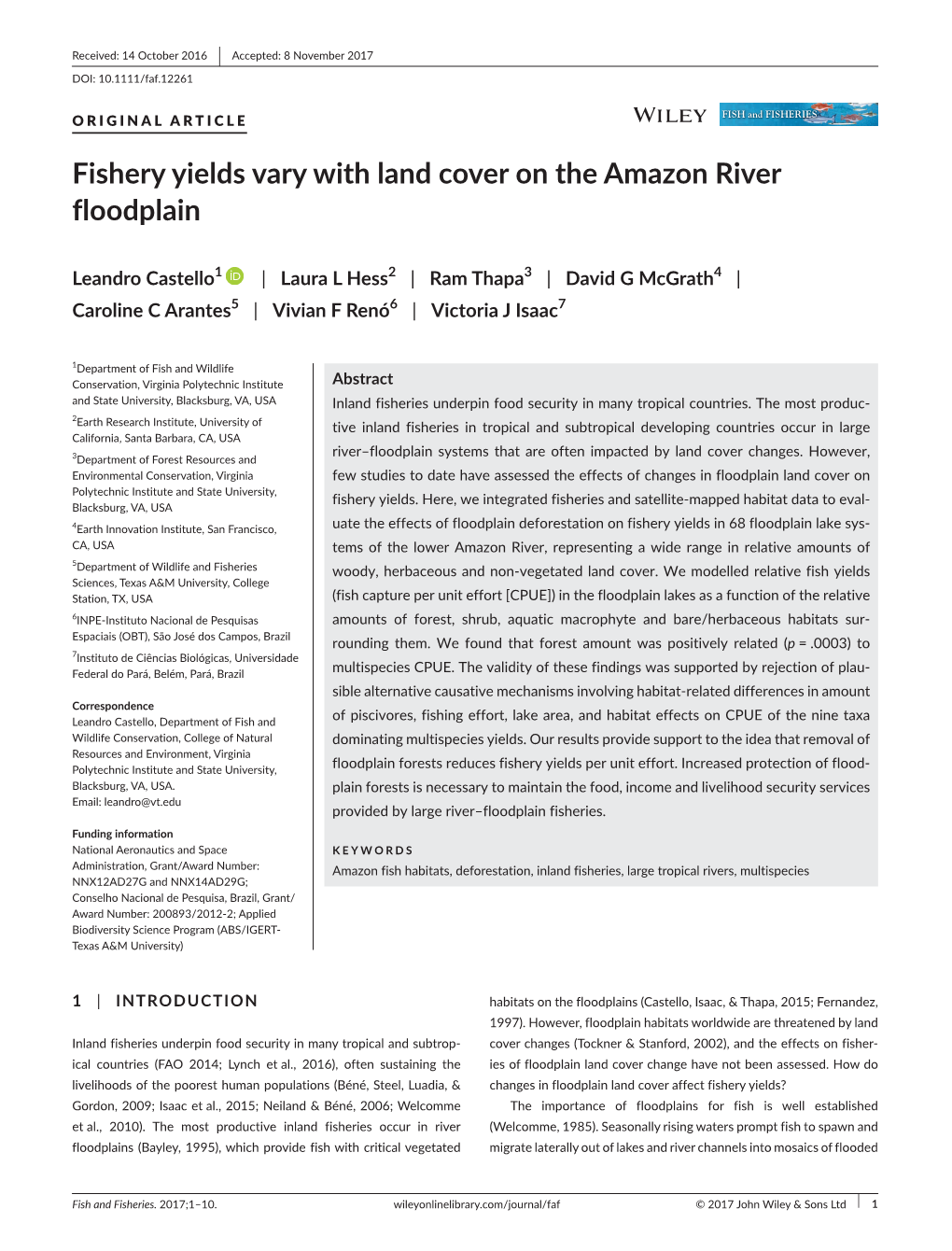 Fishery Yields Vary with Land Cover on the Amazon River Floodplain