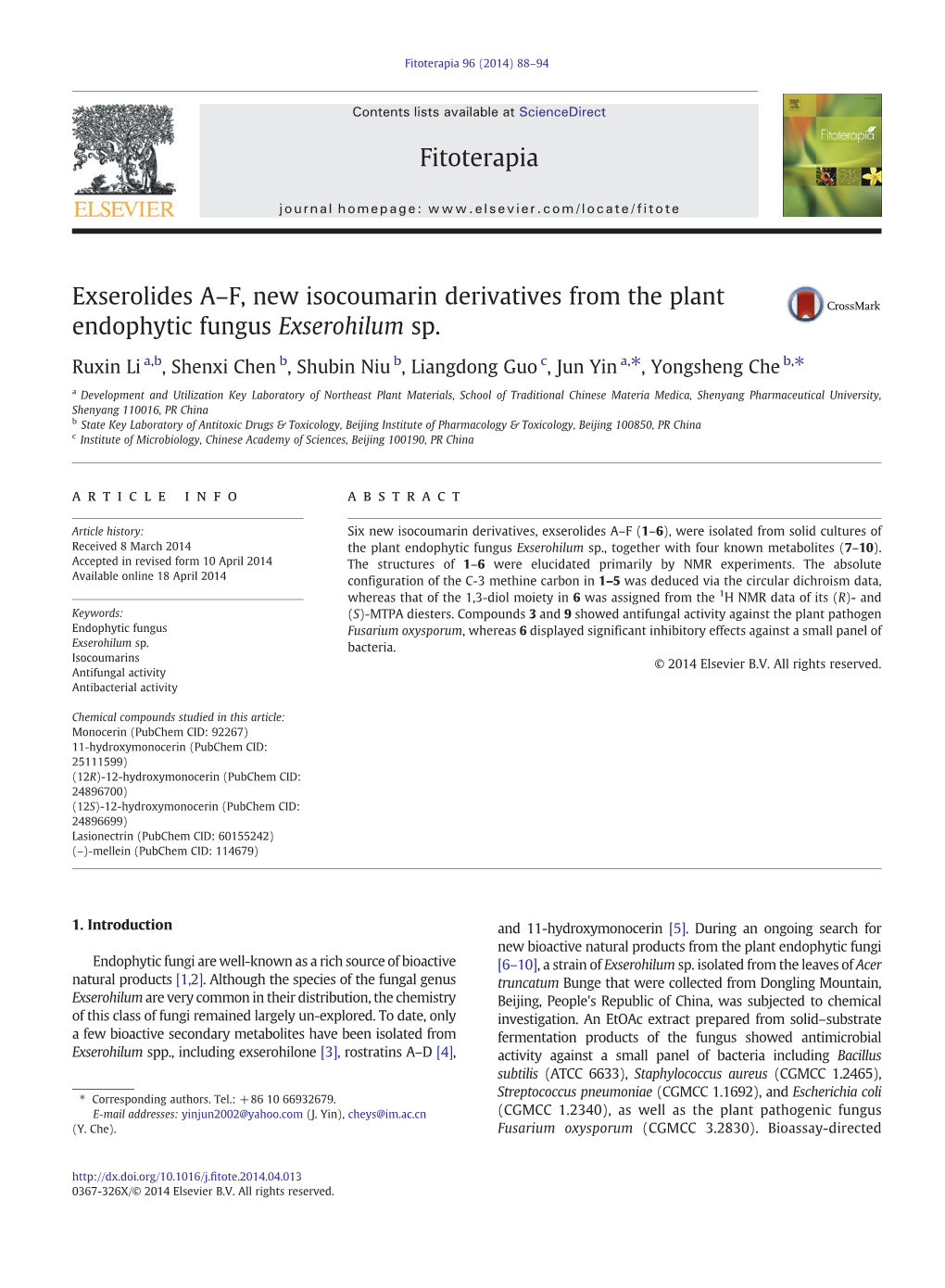 Exserolides A–F, New Isocoumarin Derivatives from the Plant Endophytic Fungus Exserohilum Sp