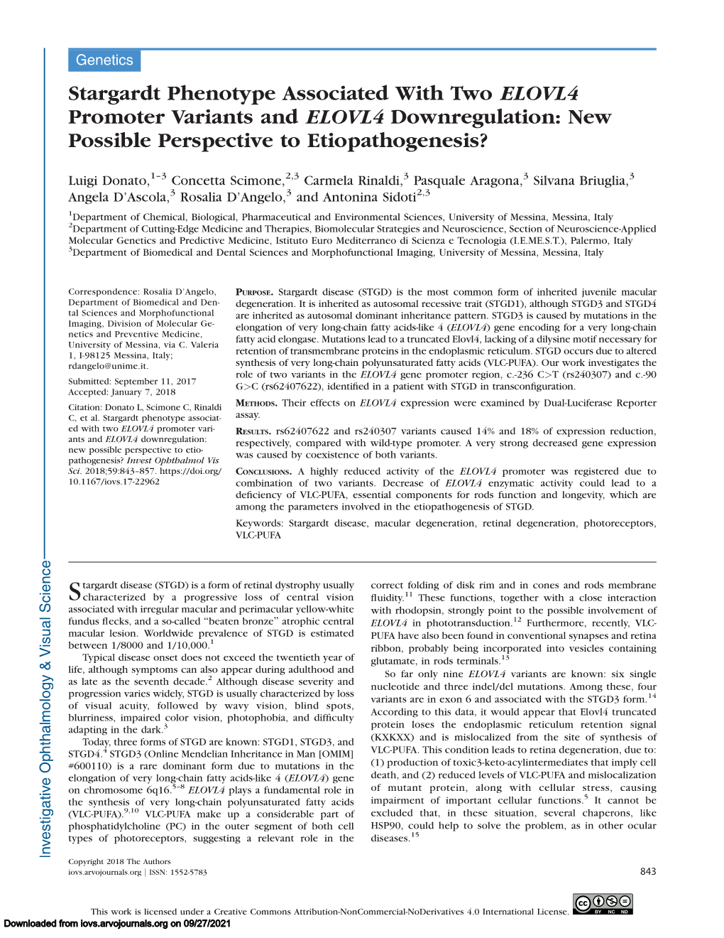 Stargardt Phenotype Associated with Two ELOVL4 Promoter Variants and ELOVL4 Downregulation: New Possible Perspective to Etiopathogenesis?