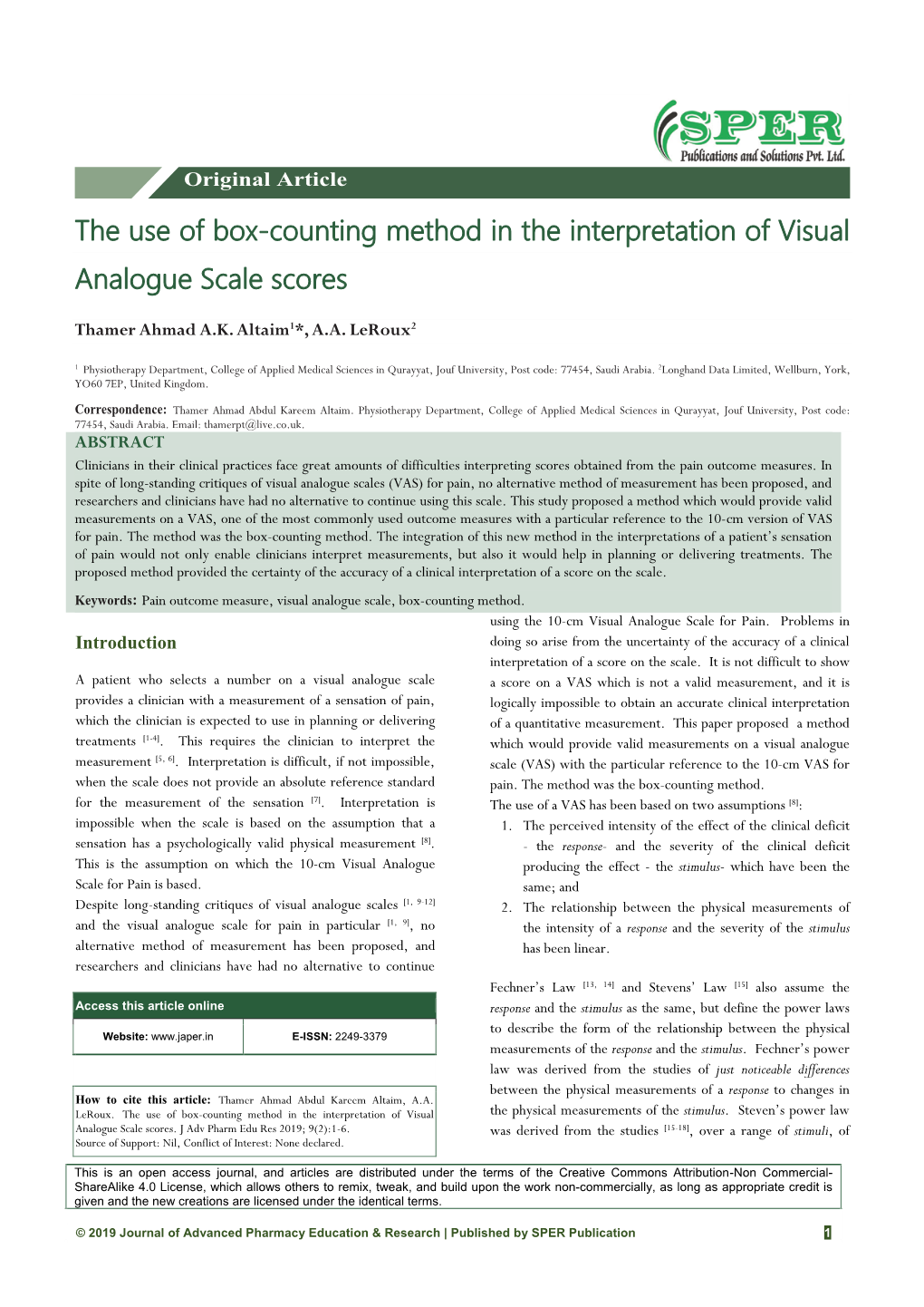 The Use of Box-Counting Method in the Interpretation of Visual Analogue Scale Scores