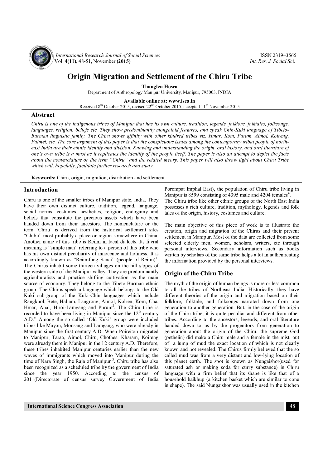 Origin Migration and Settlement of the Chiru Tribe Thanglen Hosea Department of Anthropology Manipur University, Manipur, 795003, INDIA