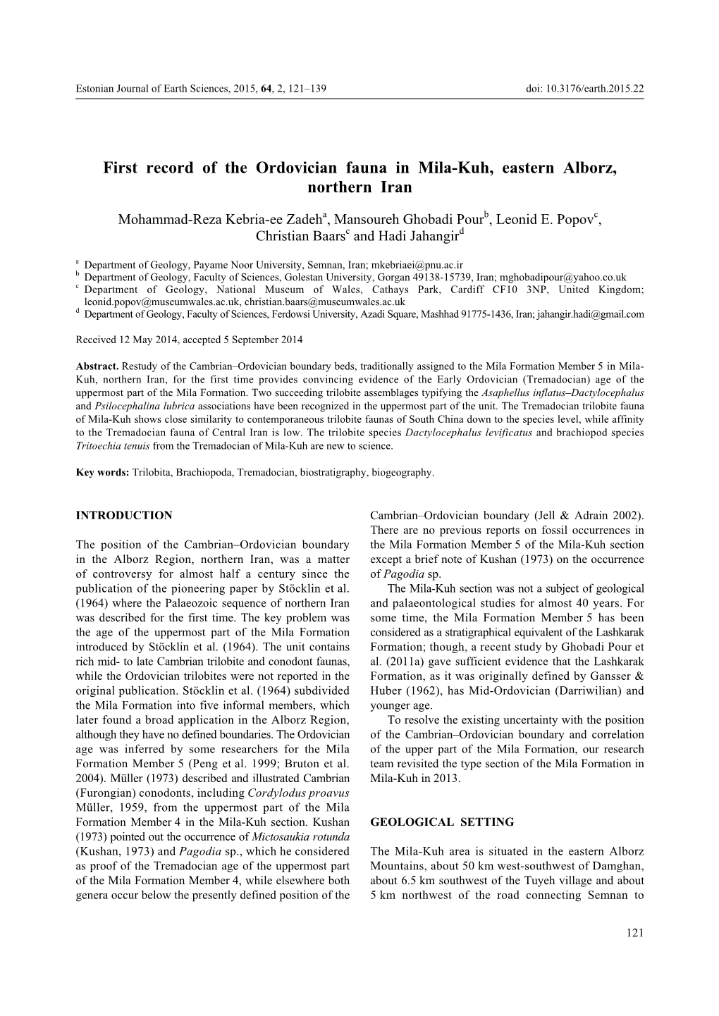 First Record of the Ordovician Fauna in Mila-Kuh, Eastern Alborz, Northern Iran