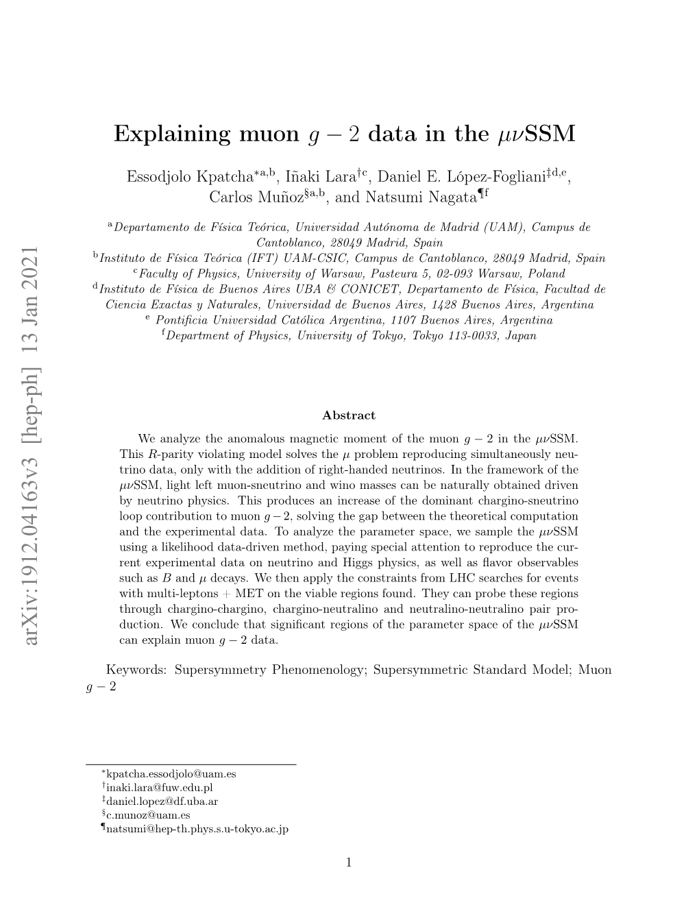 Explaining Muon G − 2 Data in the Μνssm Arxiv:1912.04163V3 [Hep-Ph]