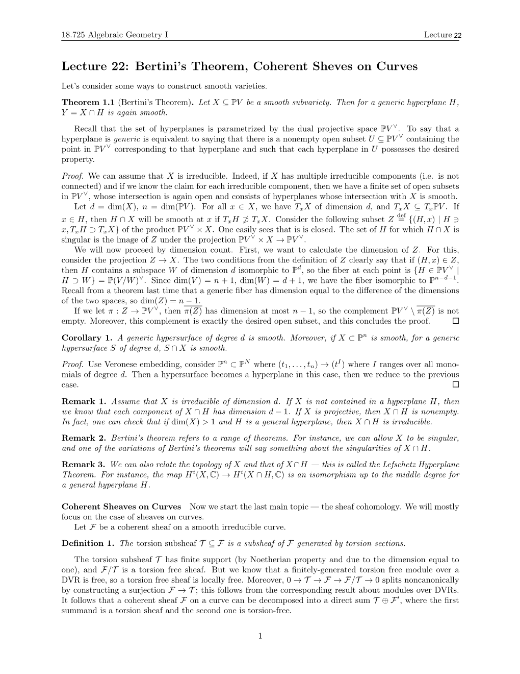 Lecture 22 Bertini's Theorem, Coherent Sheves on Curves