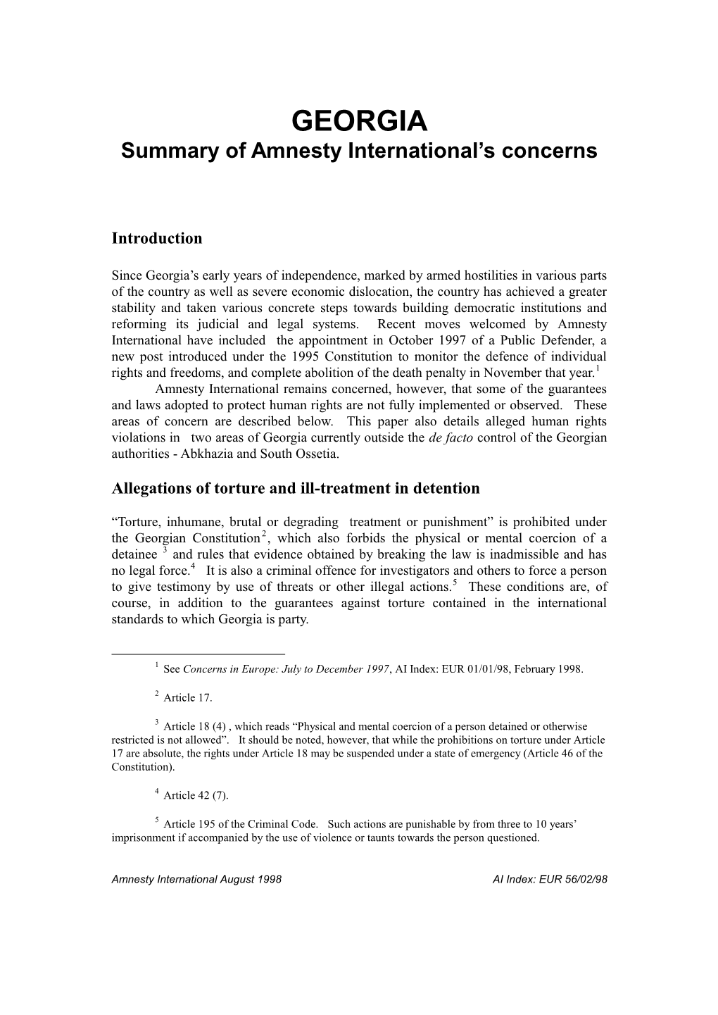 GEORGIA Summary of Amnesty International’S Concerns