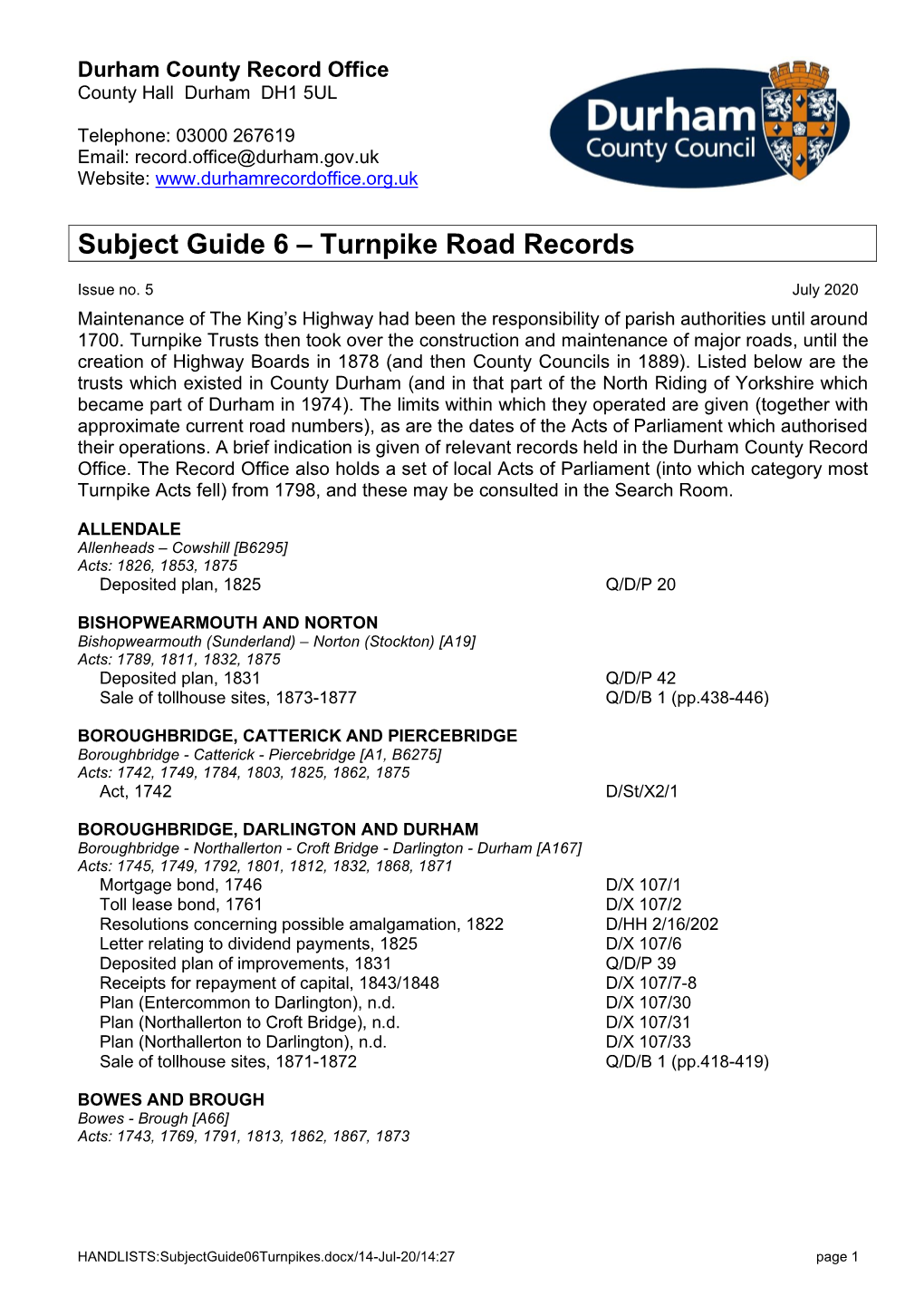 Subject Guide 6 – Turnpike Road Records