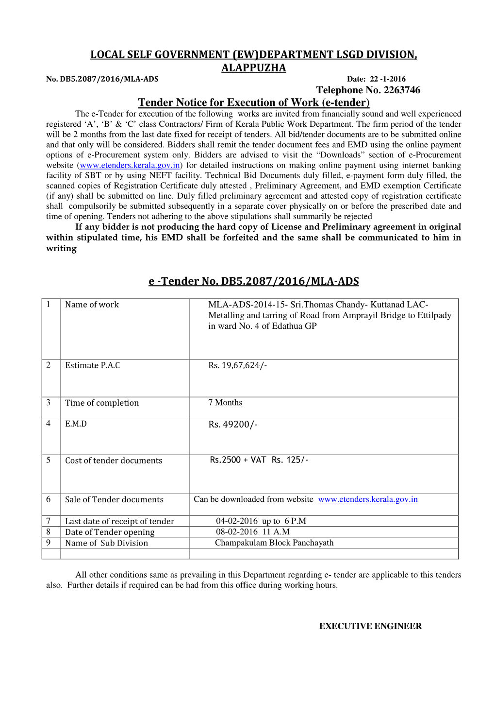 LOCAL SELF GOVERNMENT (EW)DEPARTMENT LSGD DIVISION, ALAPPUZHA Tender Notice for Execution of Work (E-Tender) E -Tender No. DB5.2
