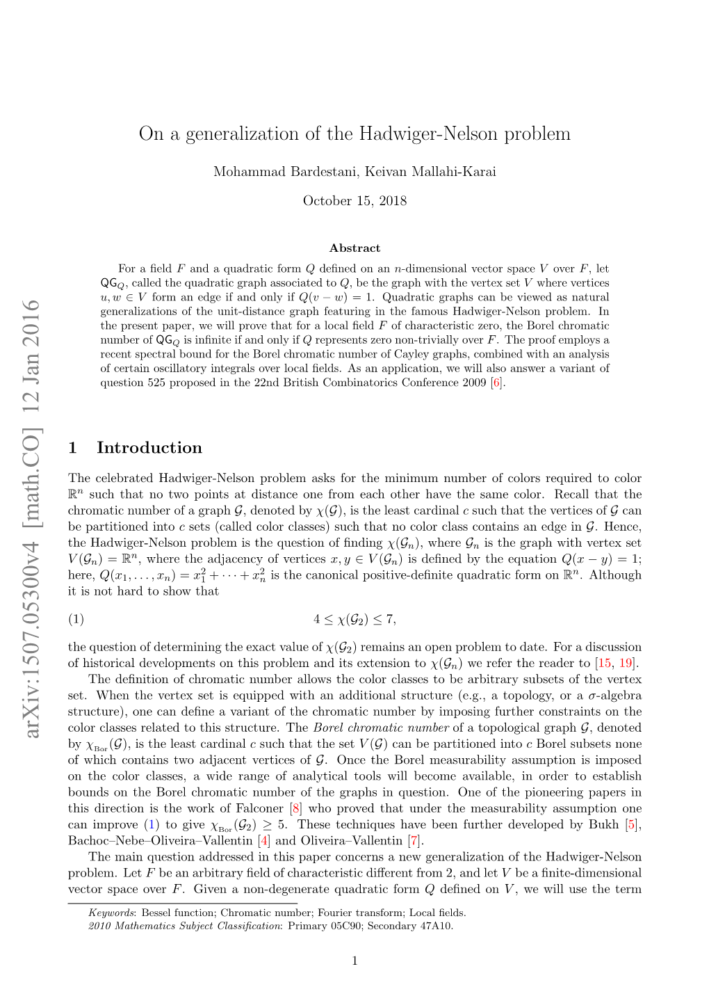 On a Generalization of the Hadwiger-Nelson Problem