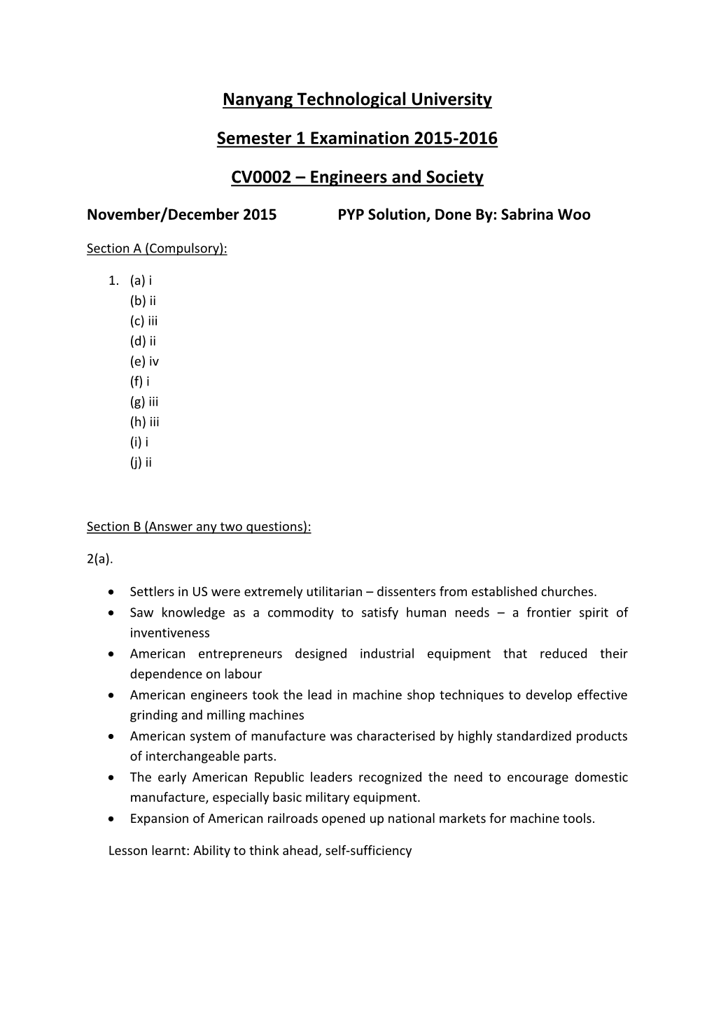 Nanyang Technological University Semester 1 Examination 2015