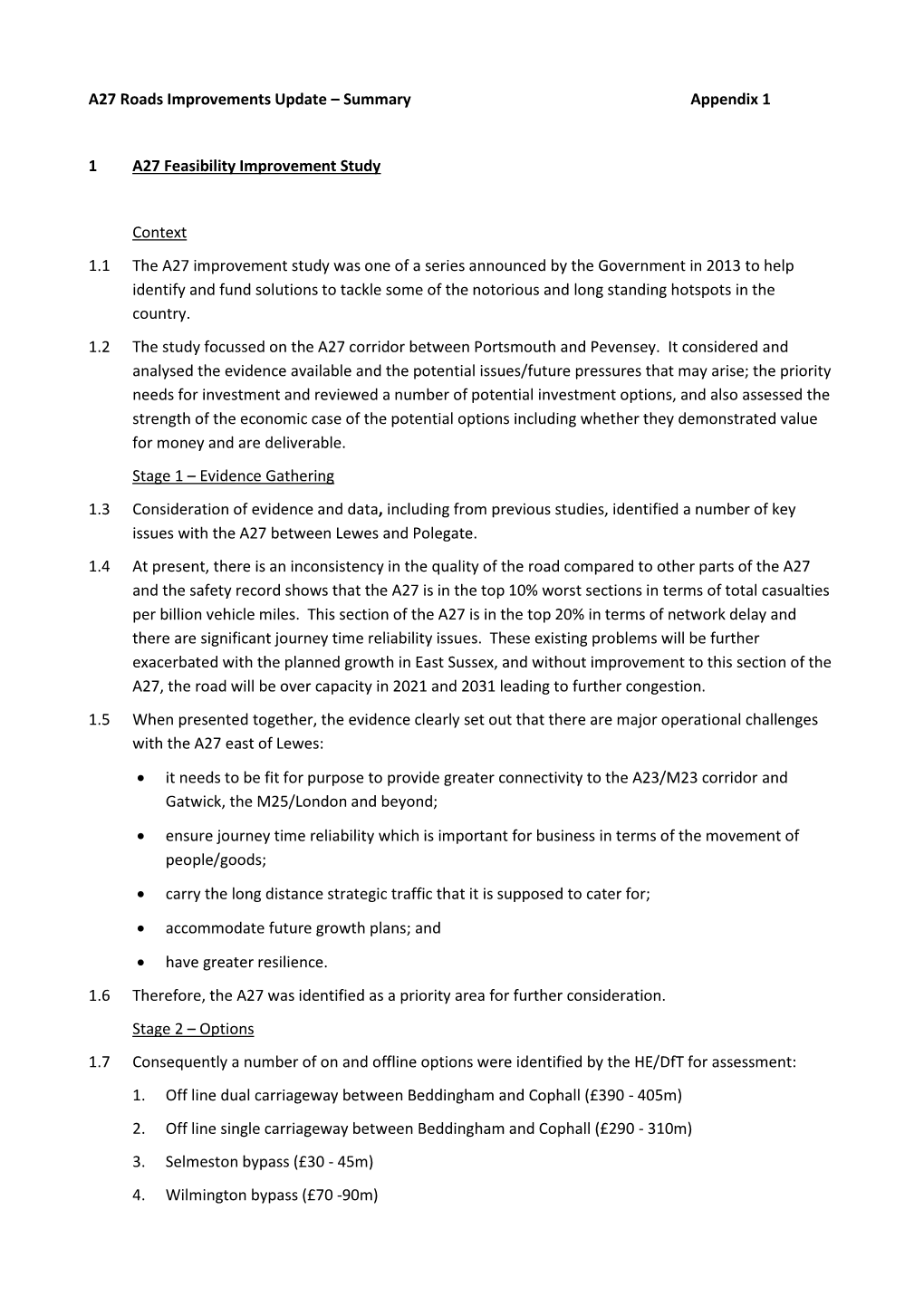 A27 Roads Improvements Update – Summary Appendix 1 1 A27