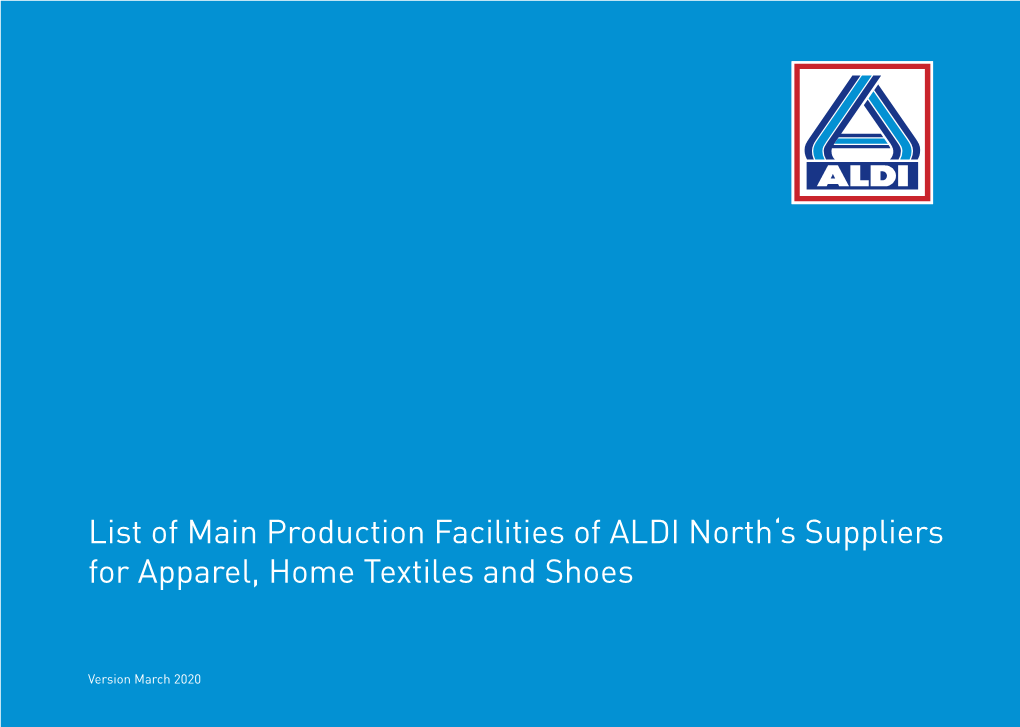 List of Main Production Facilities of ALDI North's Suppliers for Apparel