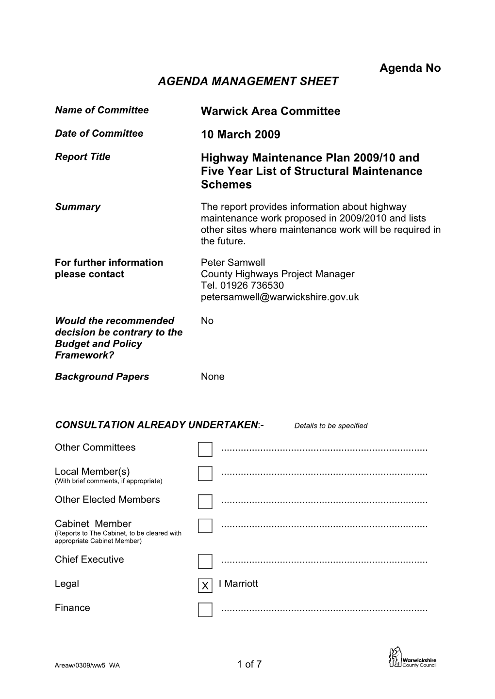 Highway Maintenance Plan 2008/09 and Five Year List of Structural