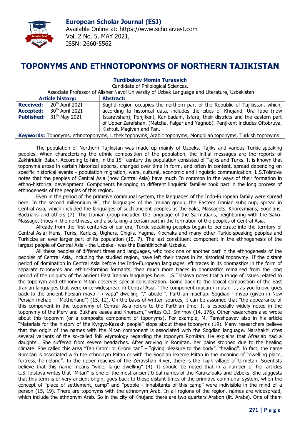 Toponyms and Ethnotoponyms of Northern Tajikistan