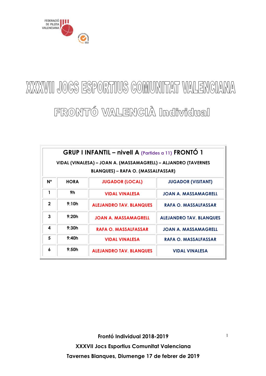 Calendari JECV FRONTÓ INDIVIDUAL INFANTIL 2019 Tav