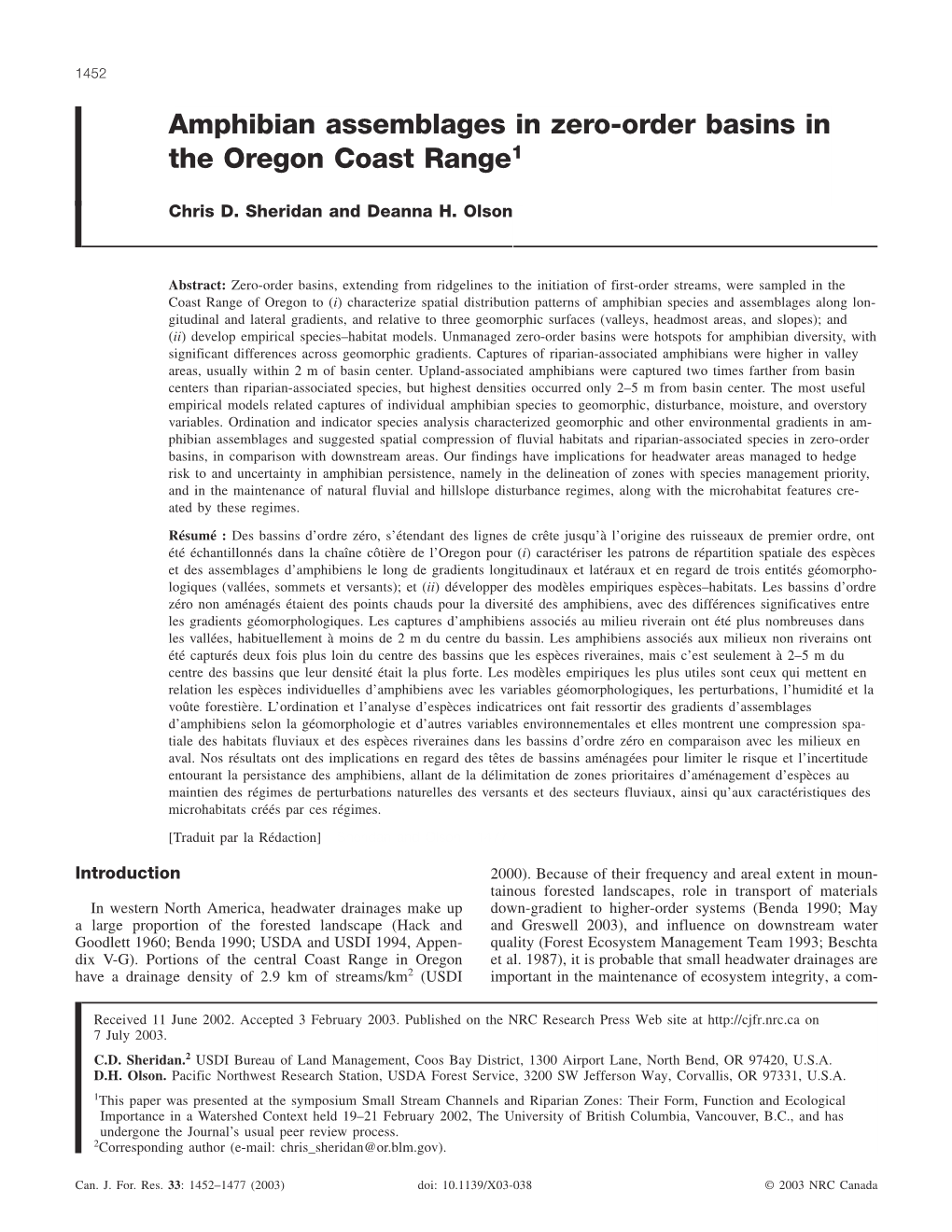 Amphibian Assemblages in Zero-Order Basins in the Oregon Coast Range1