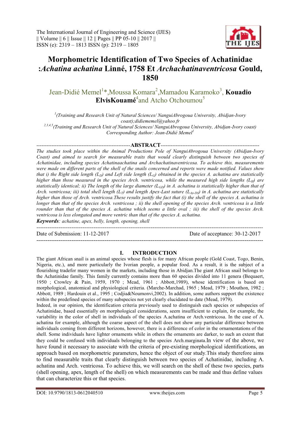 Morphometric Identification of Two Species of Achatinidae :Achatina Achatina Linné, 1758 Et Archachatinaventricosa Gould, 1850