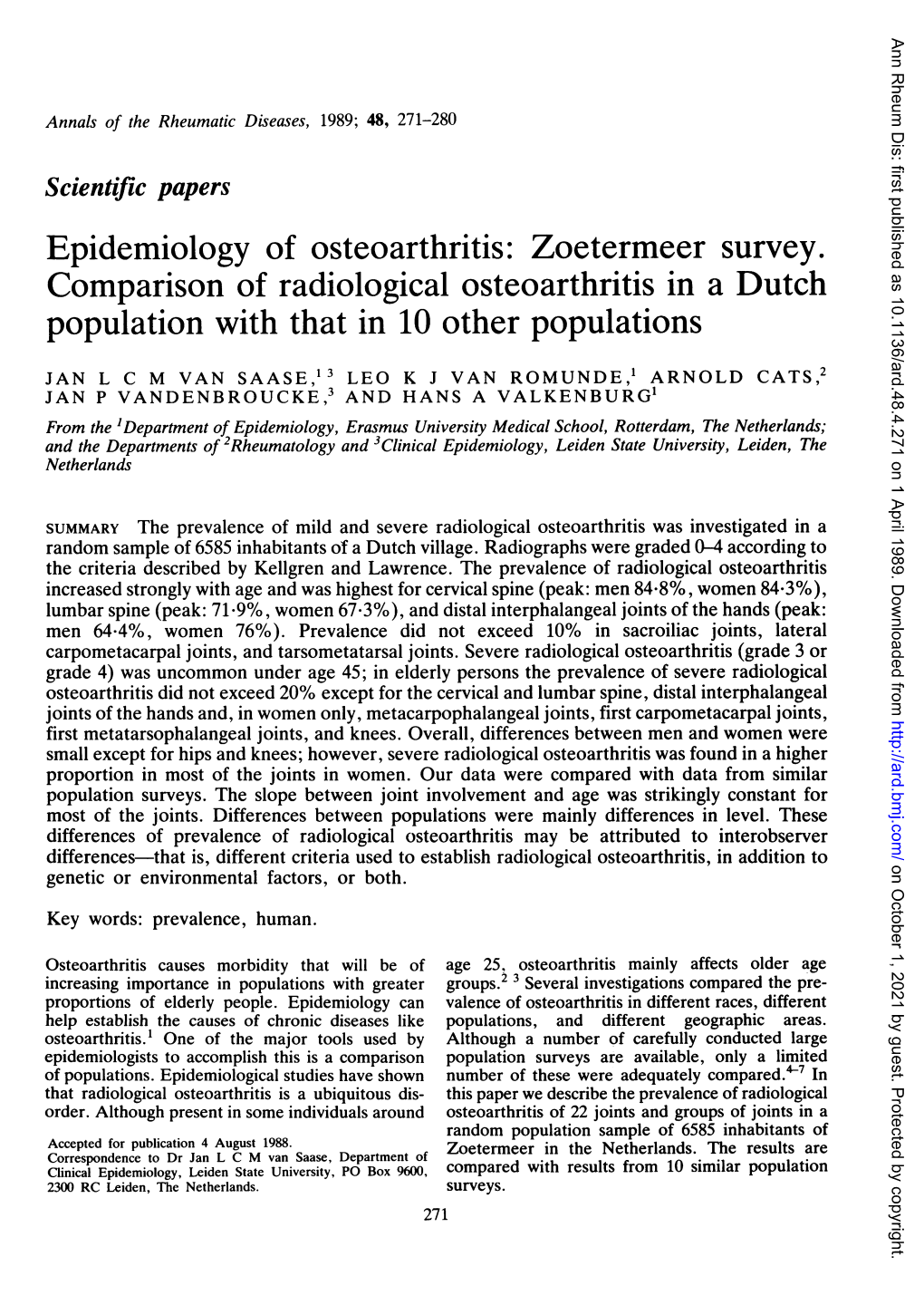 Zoetermeer Survey. Comparison of Radiological Osteoarthritis in a Dutch Population with That in 10 Other Populations