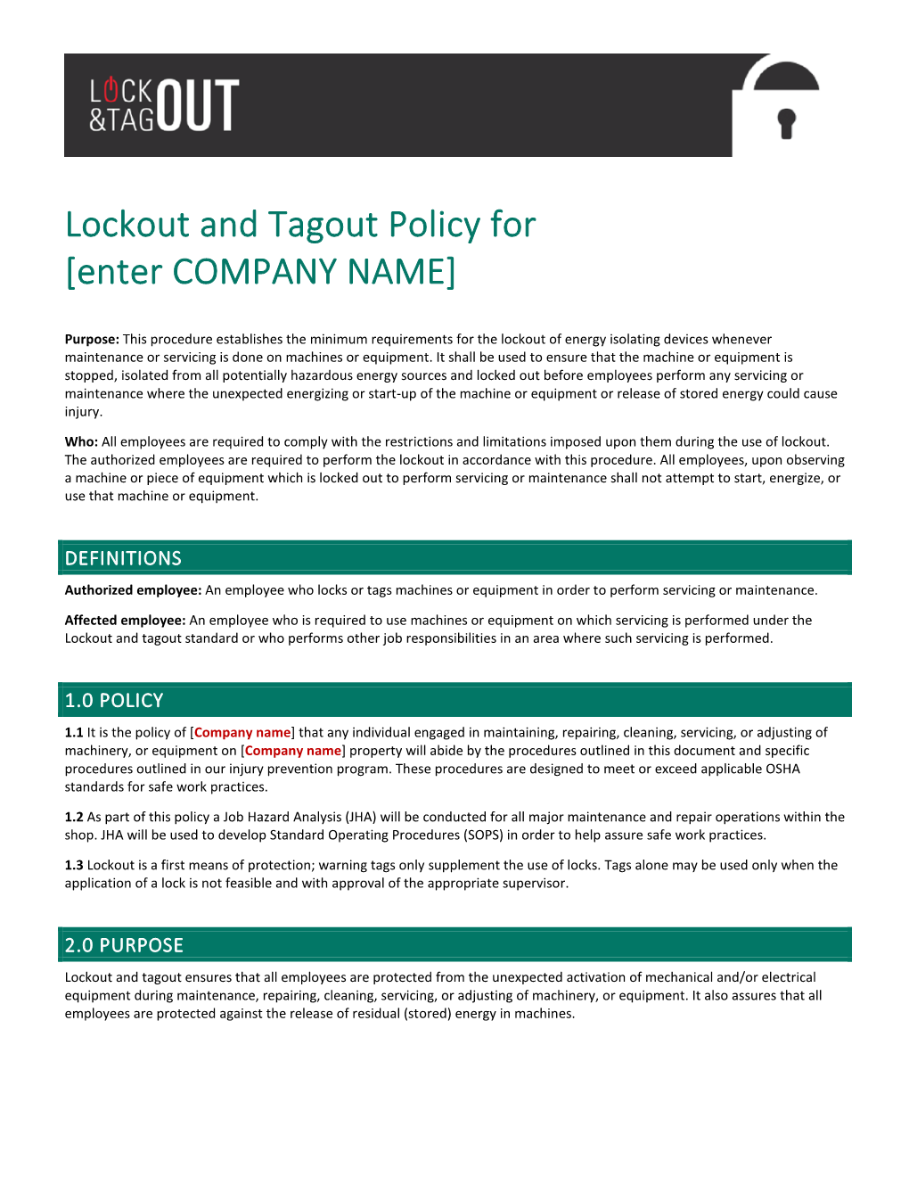 Lockout and Tagout Policy for [Enter COMPANY NAME]