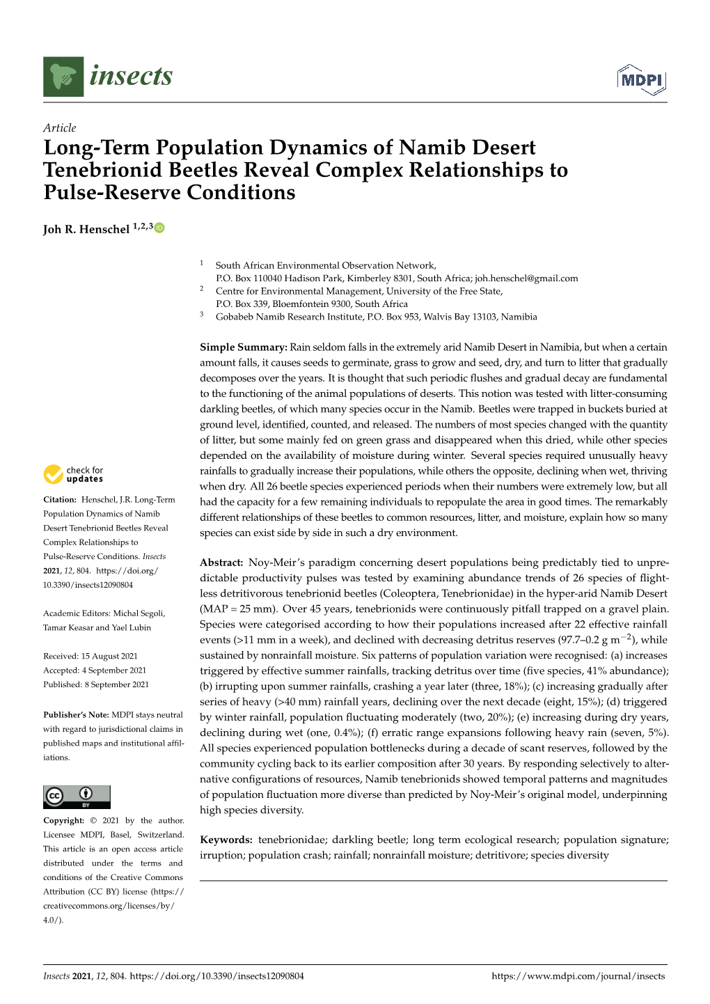 Long-Term Population Dynamics of Namib Desert Tenebrionid Beetles Reveal Complex Relationships to Pulse-Reserve Conditions