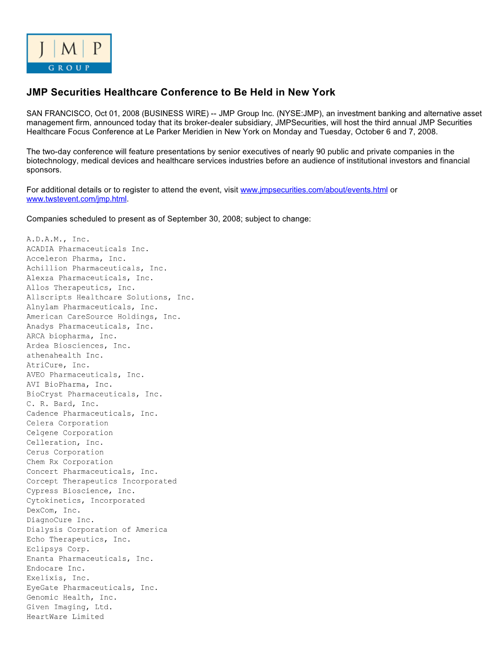 JMP Securities Healthcare Conference to Be Held in New York