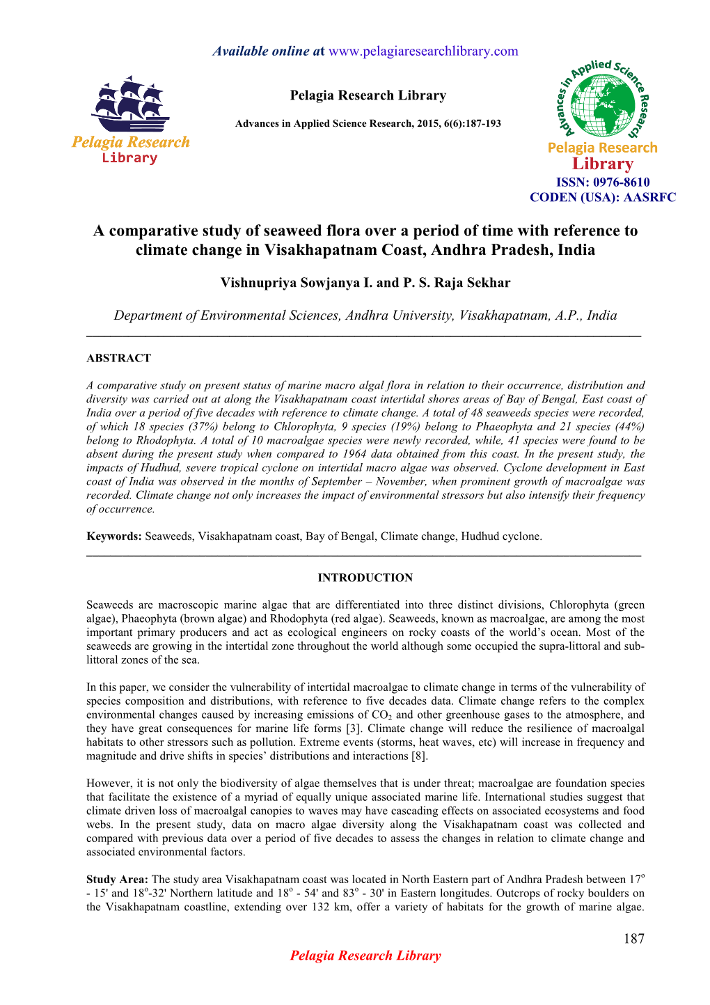 A Comparative Study of Seaweed Flora Over a Period of Time with Reference to Climate Change in Visakhapatnam Coast, Andhra Pradesh, India