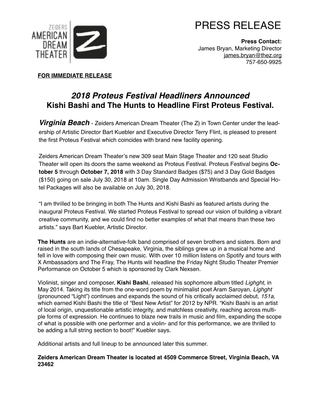 PRESS RELEASE – 2018 Proteus Festival Headliners Announced