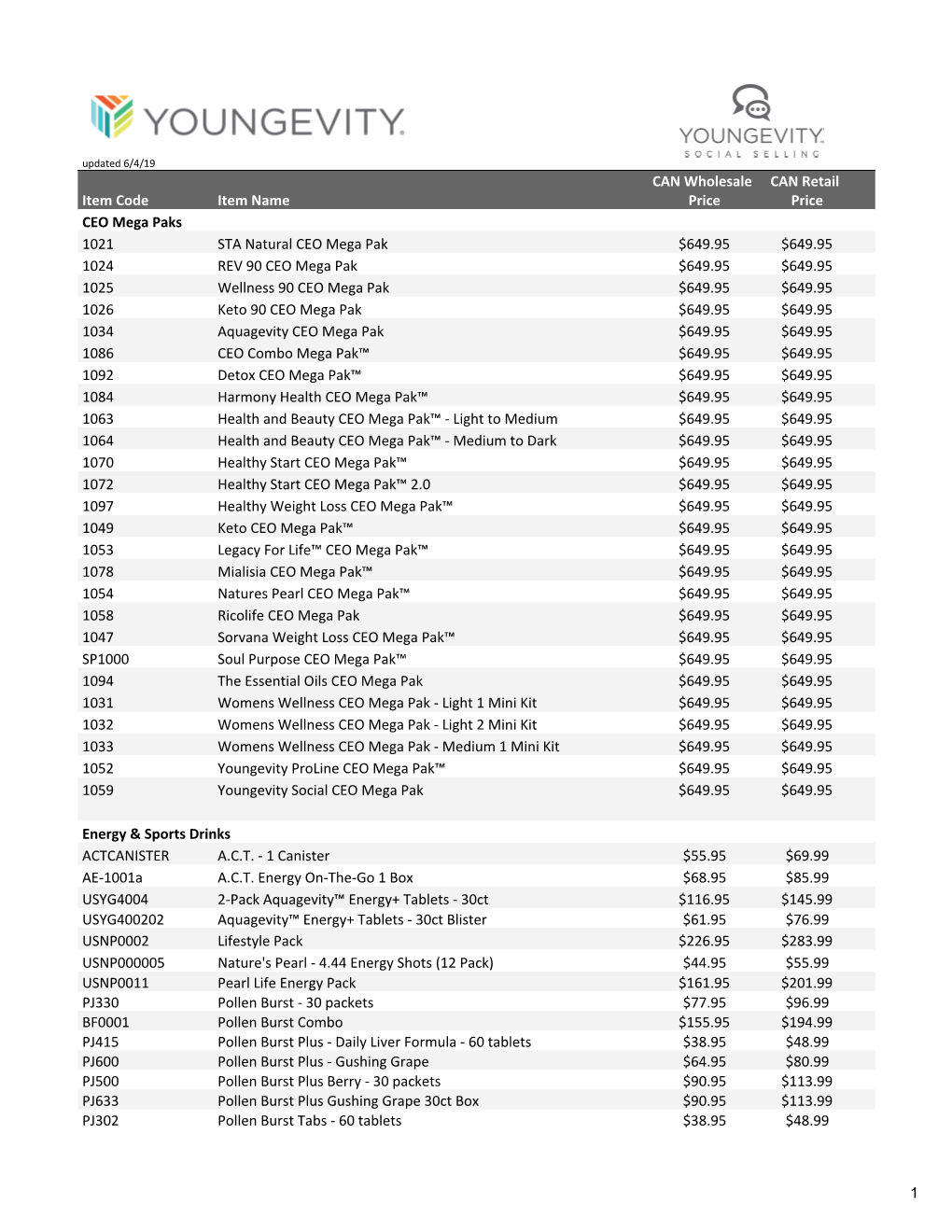 YGY Social Price List