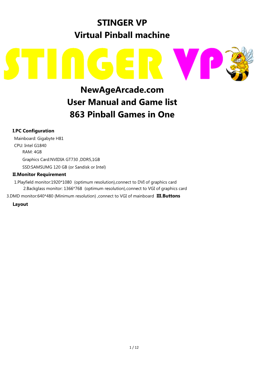 STINGER VP Virtual Pinball Machine