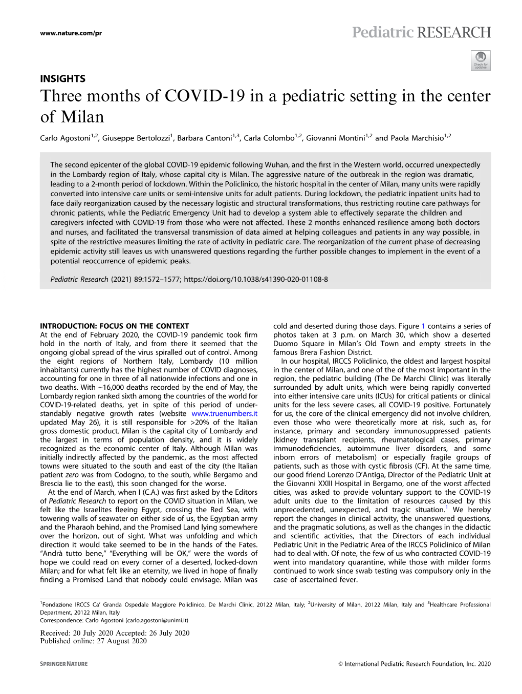 Three Months of COVID-19 in a Pediatric Setting in the Center of Milan