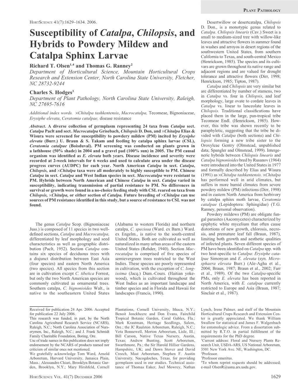 Susceptibility of Catalpa, Chilopsis, and Hybrids to Powdery Mildew