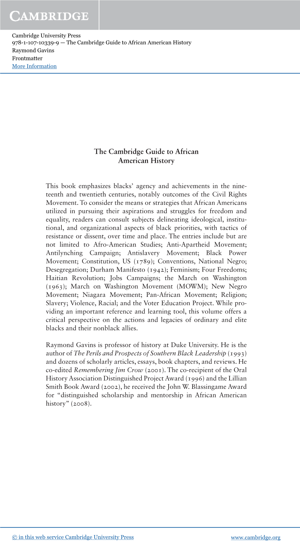 The Cambridge Guide to African American History Raymond Gavins Frontmatter More Information