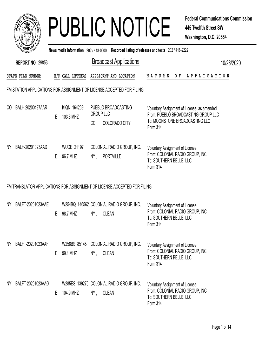 Broadcast Applications 10/28/2020