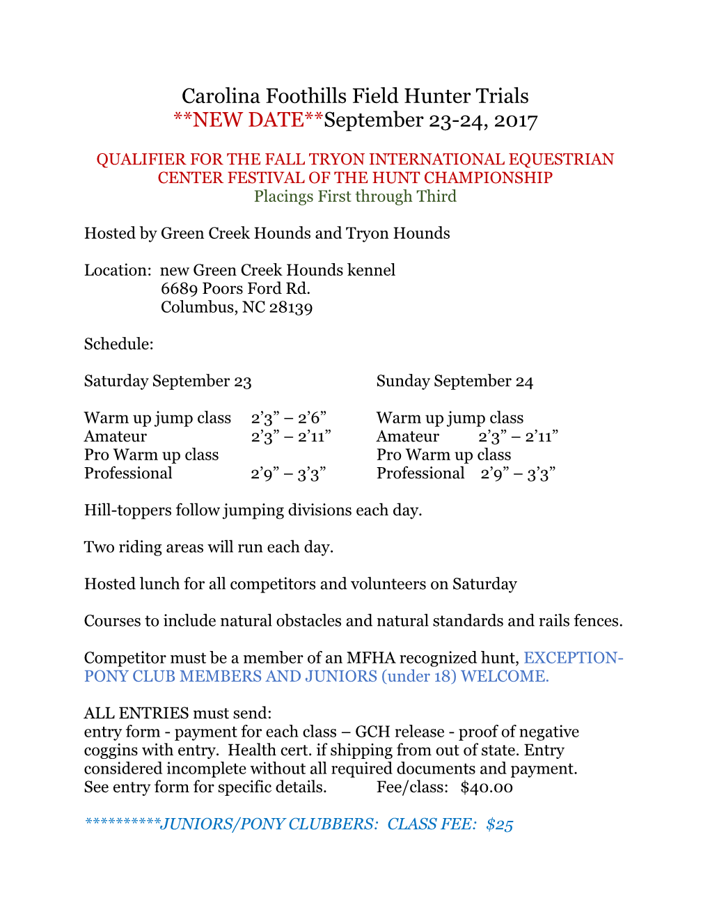 Carolina Foothills Field Hunter Trials **NEW DATE**September 23-24, 2017