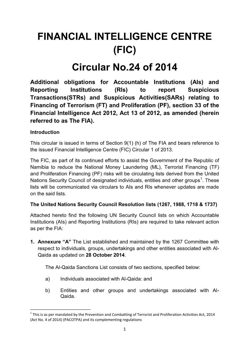 FINANCIAL INTELLIGENCE CENTRE (FIC) Circular No.24 of 2014