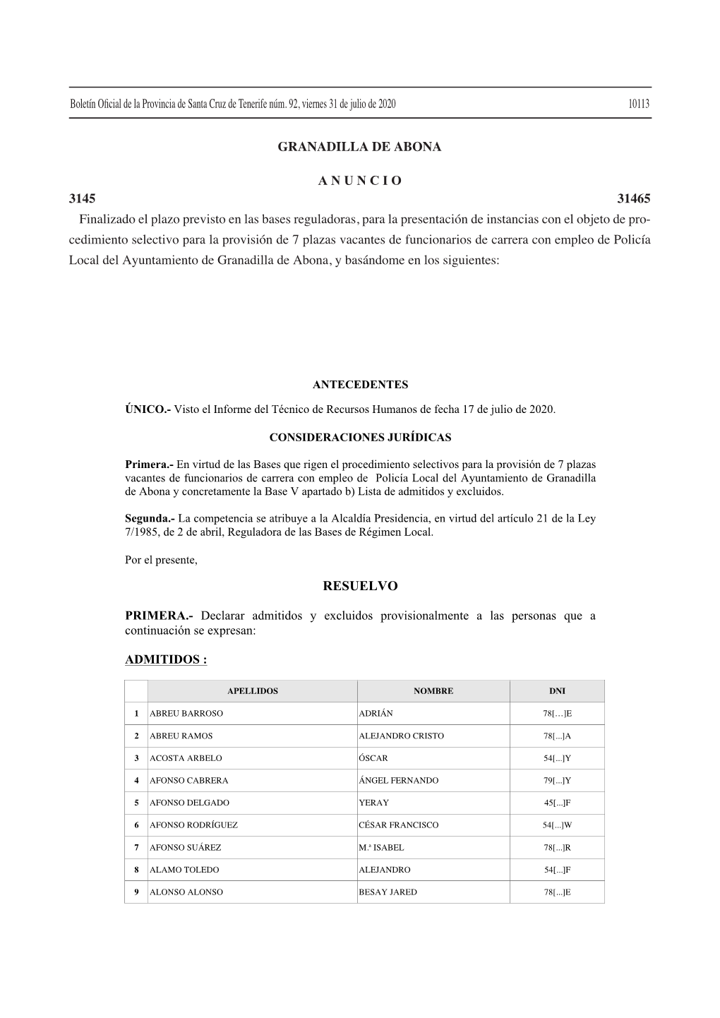 Boletín Oficial De La Provincia De Santa Cruz De Tenerife Núm. 92, Viernes 31 De Julio De 2020 ­10113