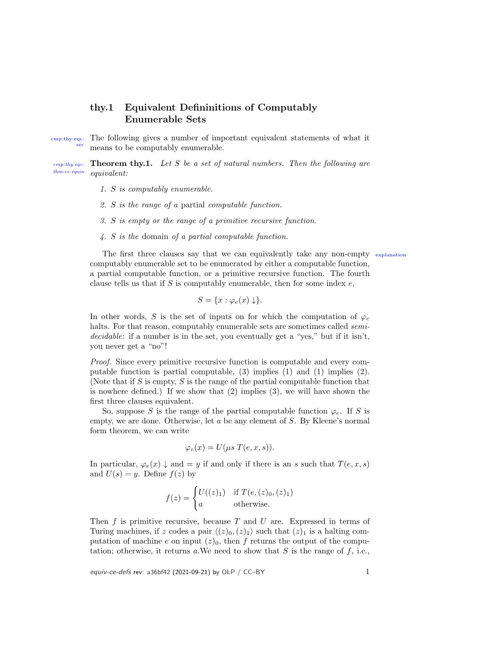 Thy.1 Equivalent Defininitions of Computably Enumerable Sets