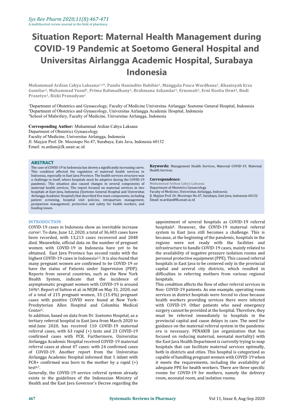 Maternal Health Management During COVID-19 Pandemic at Soetomo General Hospital and Universitas Airlangga Academic Hospital, Surabaya Indonesia