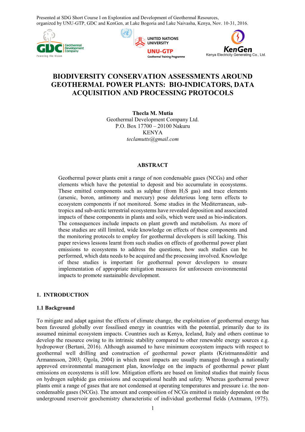 Biodiversity Conservation Assessments Around Geothermal Power Plants: Bio-Indicators, Data Acquisition and Processing Protocols