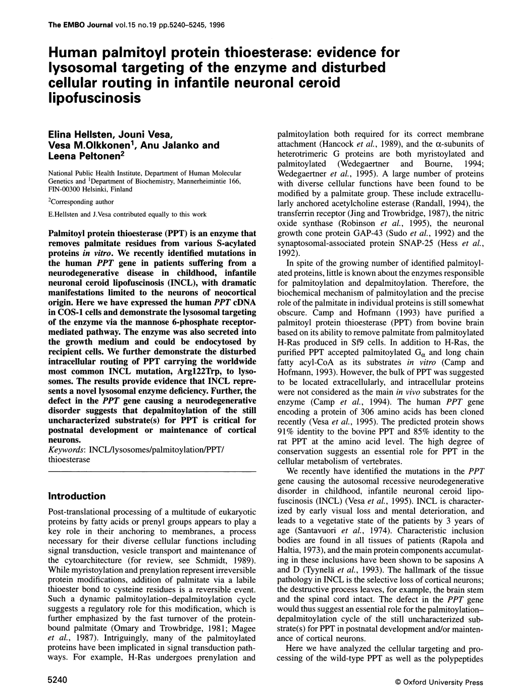 Human Palmitoyl Protein Thioesterase: Evidence for Lipofuscinosis