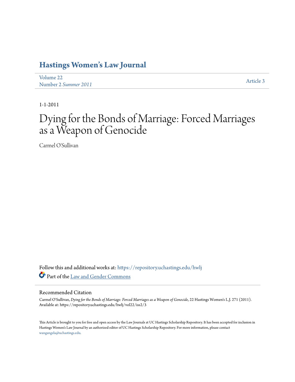 Forced Marriages As a Weapon of Genocide Carmel O'sullivan