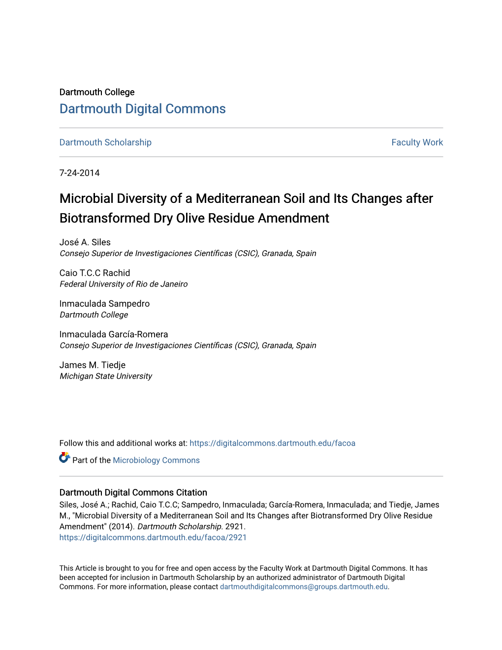 Microbial Diversity of a Mediterranean Soil and Its Changes After Biotransformed Dry Olive Residue Amendment