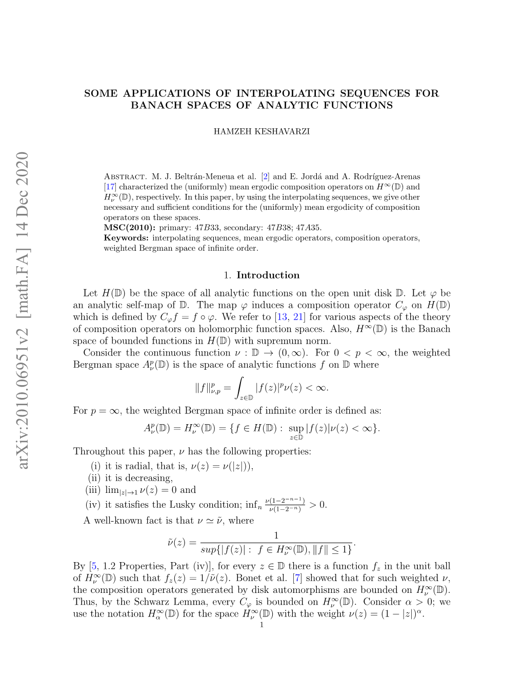 Arxiv:2010.06951V2 [Math.FA] 14 Dec 2020