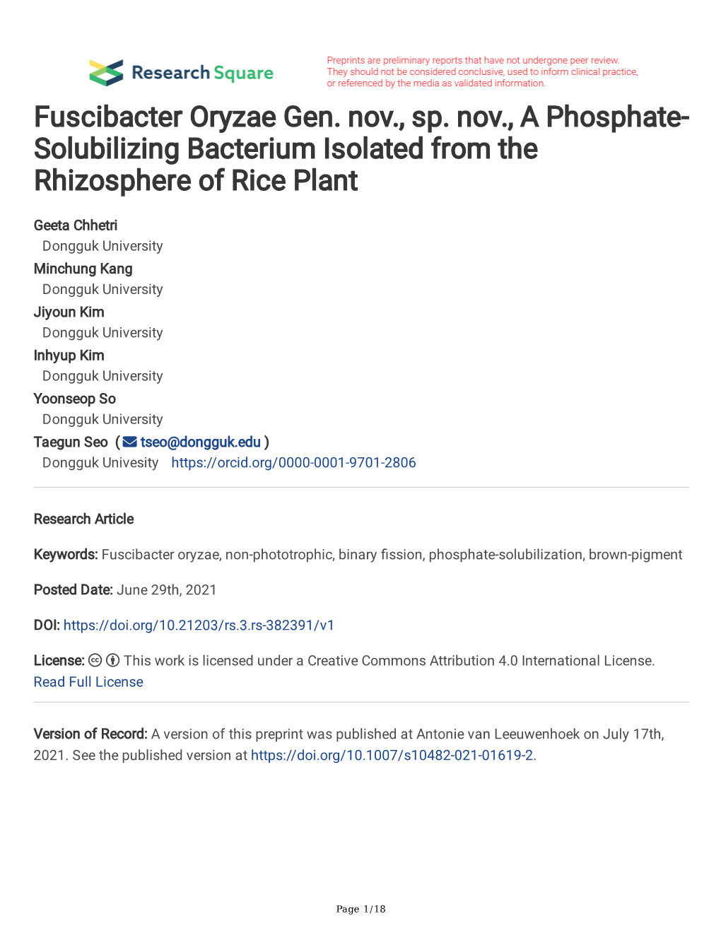 Fuscibacter Oryzae Gen. Nov., Sp. Nov., a Phosphate- Solubilizing Bacterium Isolated from the Rhizosphere of Rice Plant