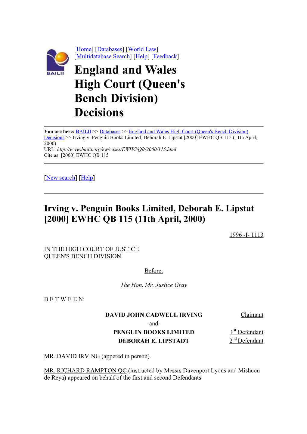 England and Wales High Court (Queen's Bench Division) Decisions >> Irving V