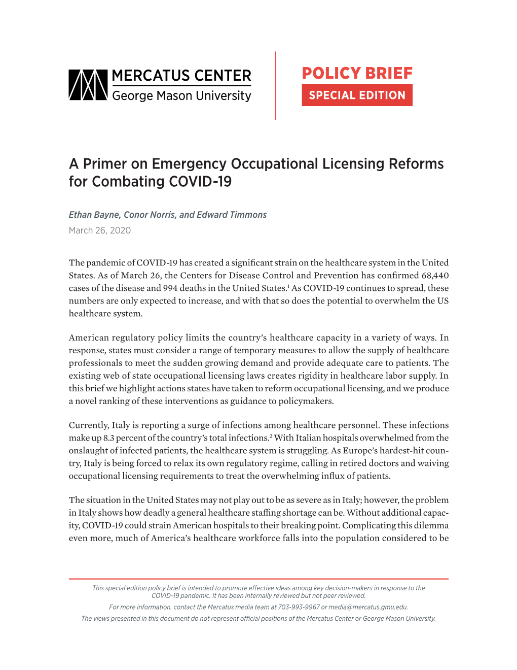 A Primer on Emergency Occupational Licensing Reforms for Combating COVID-19