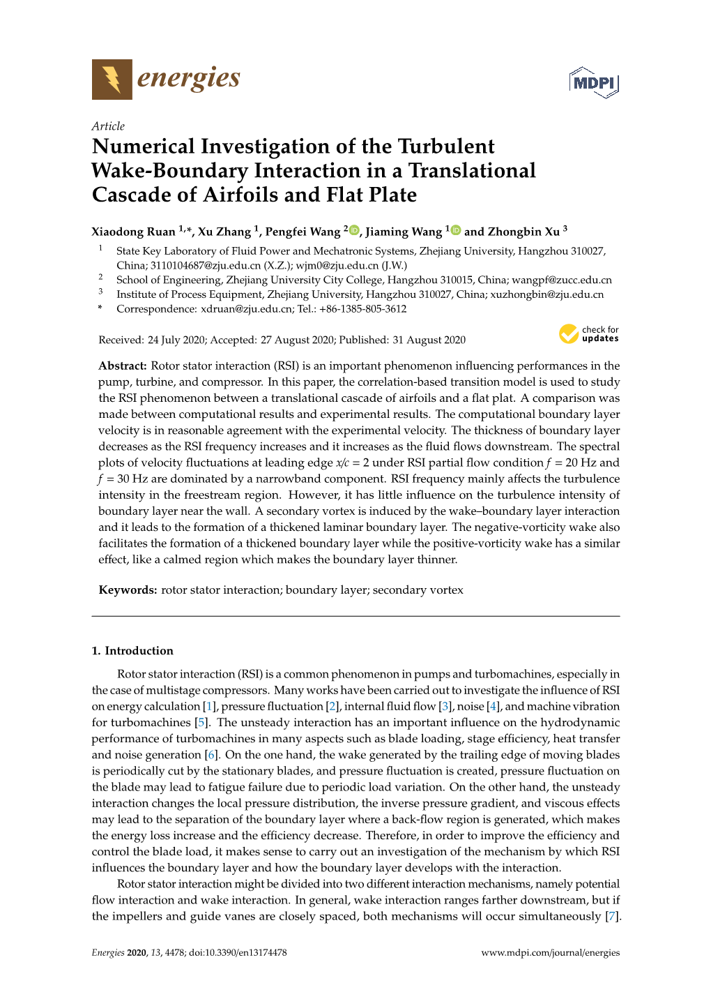 Numerical Investigation of the Turbulent Wake-Boundary Interaction in a Translational Cascade of Airfoils and Flat Plate