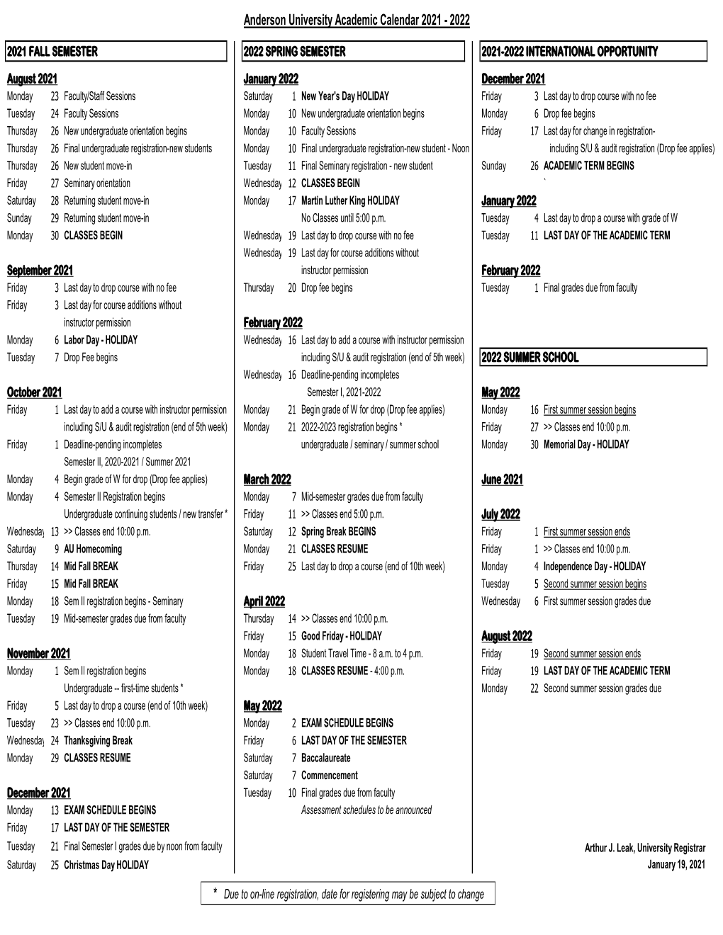 Anderson University Academic Calendar 2021 - 2022